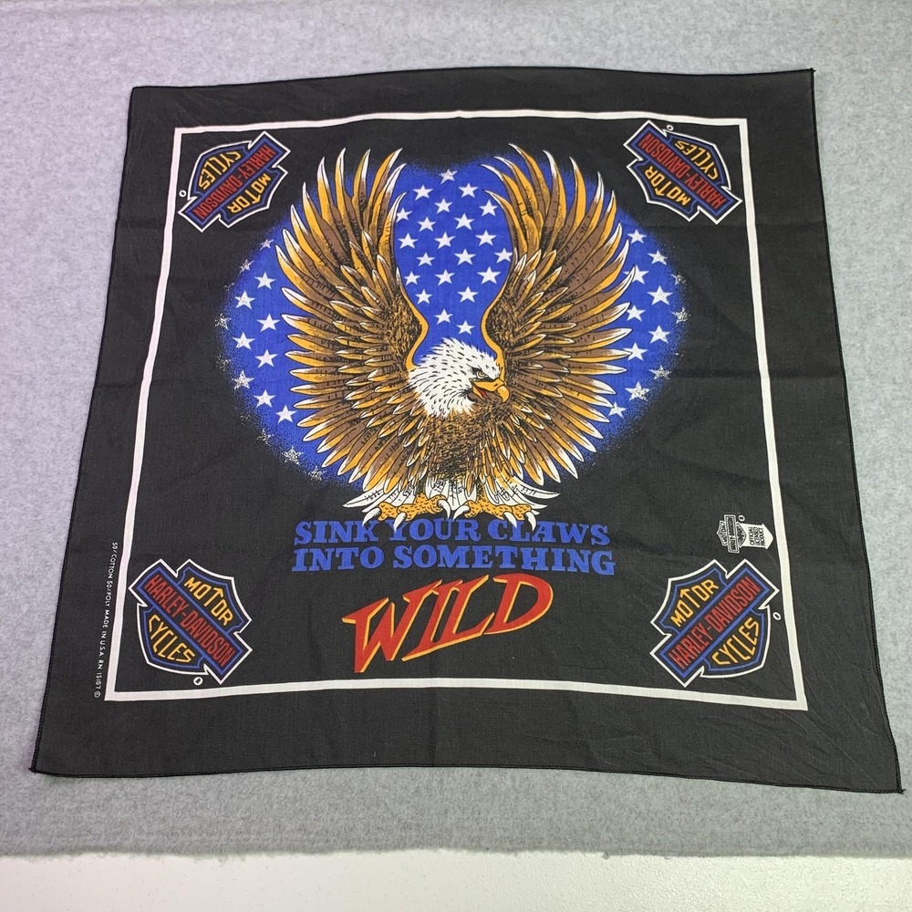 VTG Harley-Davidson Scarf Men 21x21 Black Eagle Bandana Motorcycle Patriotic USA